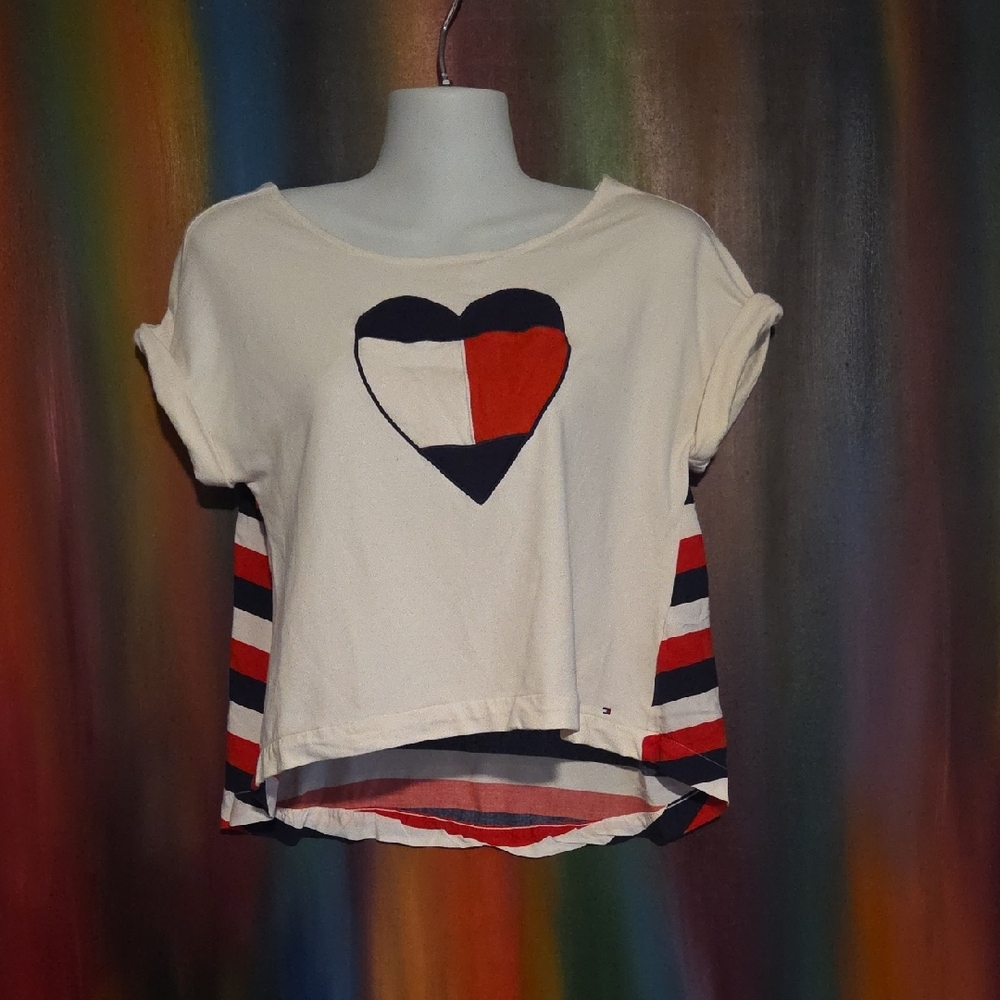 Heart Patterned Kids Shirt - Cream, Red, and Blue